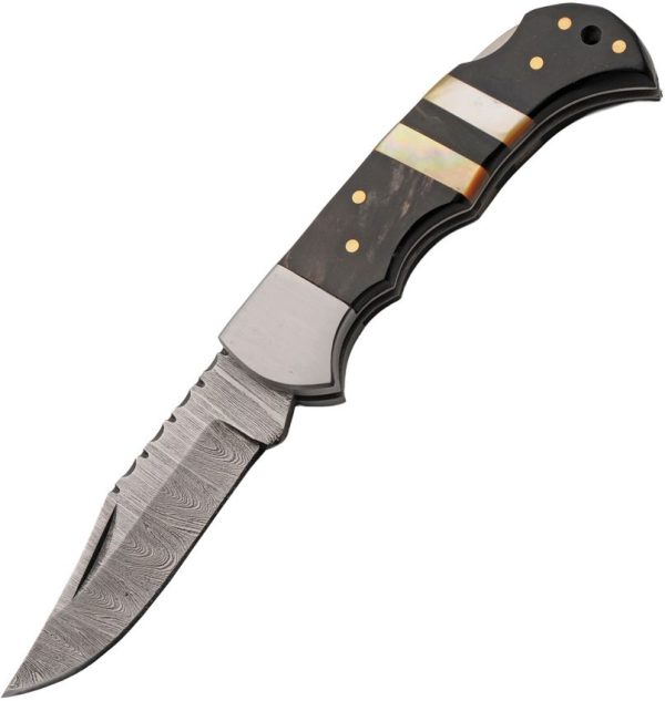 Damascus Ebony Tide Lockback Folding Knife Damascus Steel Buffalo Horn
