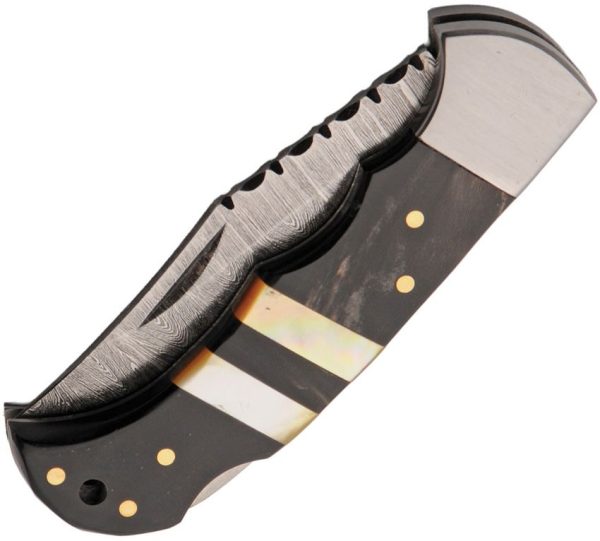 Damascus Ebony Tide Lockback Folding Knife Damascus Steel Buffalo Horn