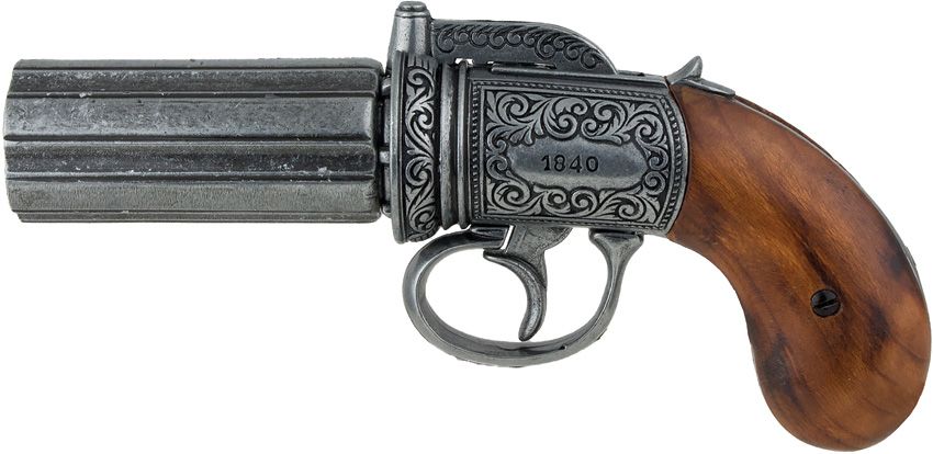 DX1071.jpg Denix Pepperbox Replica Revolver 8.5" Antique Gray with Wood Grips