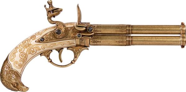 Denix French 2 Barrel Flintlock - Antique Gold Finish