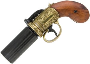 Denix Pepperbox Revolver Replica Brown Grips Rotating Barrel