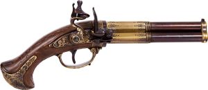 Denix French 3 Barrel Flintlock - Wood Grip Brass