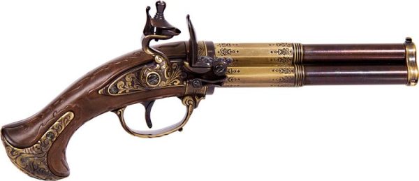 Denix French 3 Barrel Flintlock - Wood Grip Brass