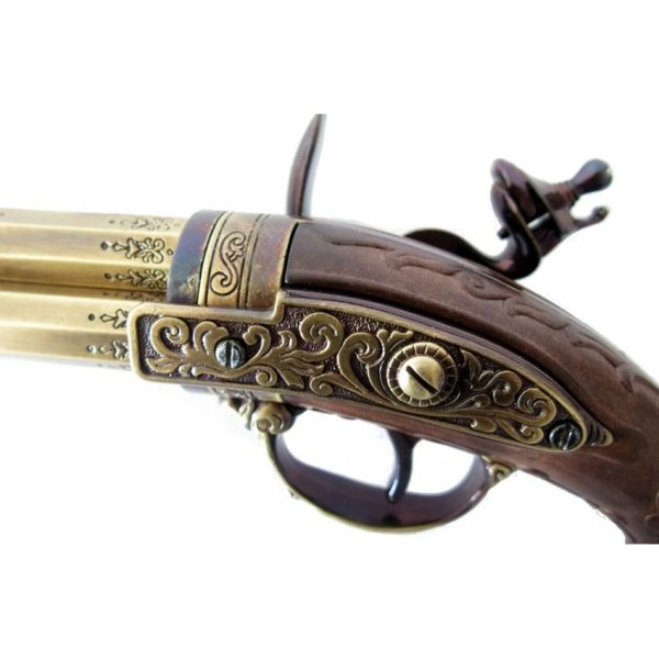 Denix French 3 Barrel Flintlock - Wood Grip Brass