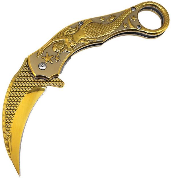 ElitEdge Mermaid Karambit Linerlock 3.75" Gold Folding Knife