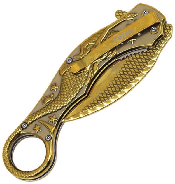 ElitEdge Mermaid Karambit Linerlock 3.75" Gold Folding Knife