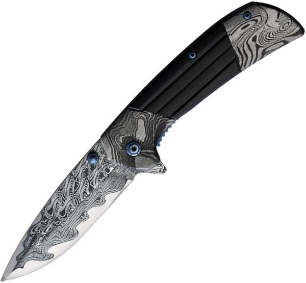 ElitEdge Damascus Etched Black Linerlock Assisted Opening