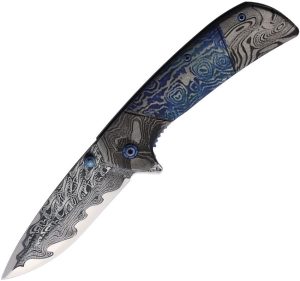 ElitEdge Damascus Etched Blue Stainless Linerlock A/O