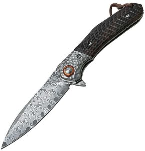 ElitEdge Linerlock Damascus Folding Knife Brown Wood 3.25"