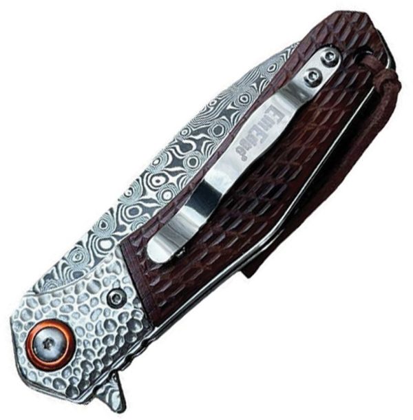 ElitEdge Linerlock Damascus Folding Knife Brown Wood 3.25"