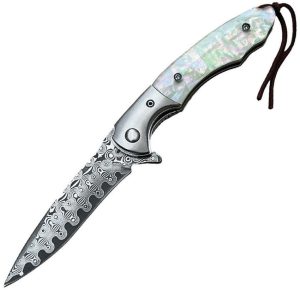 ElitEdge Linerlock Damascus Folding Knife Mother of Pearl