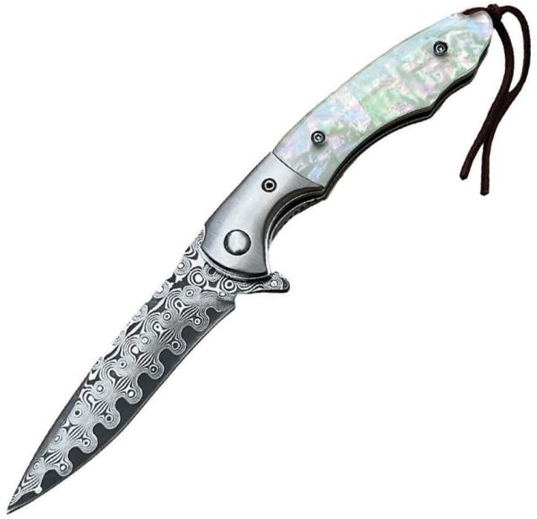 ElitEdge Linerlock Damascus Folding Knife Mother of Pearl