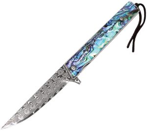 ElitEdge Linerlock Damascus 3" Folding Knife Abalone Handle