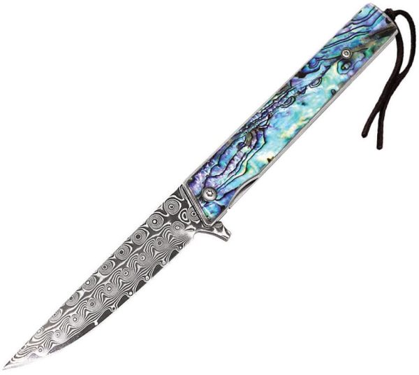 ElitEdge Linerlock Damascus 3" Folding Knife Abalone Handle