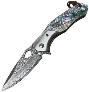 ElitEdge Linerlock Damascus Folding Knife Abalone Handle 3"