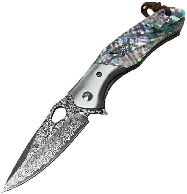 ElitEdge Linerlock Damascus Folding Knife Abalone Handle 3"