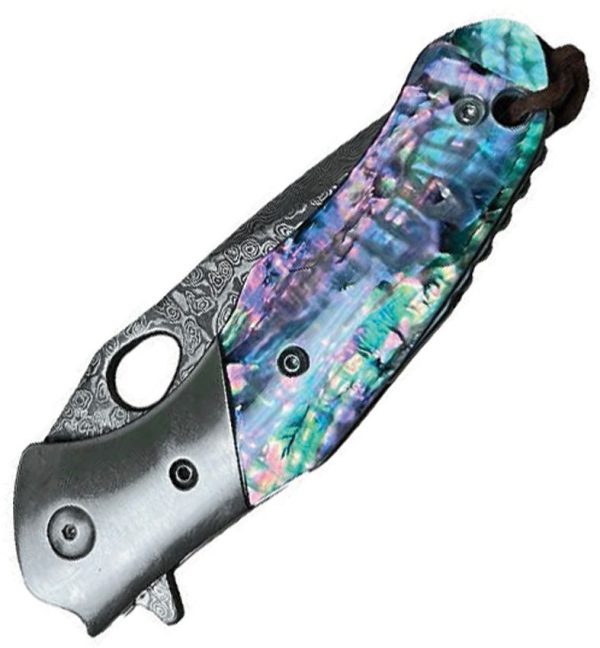 ElitEdge Linerlock Damascus Folding Knife Abalone Handle 3"