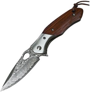ElitEdge Linerlock Damascus Wood Folding Knife 3" Blade