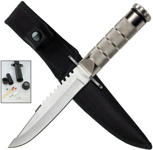 ElitEdge Survival Fixed Blade Silver - Sawback Clip Point