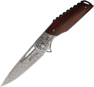 Elk Ridge Linerlock Damascus Folding Knife 3.13" Brown Wood