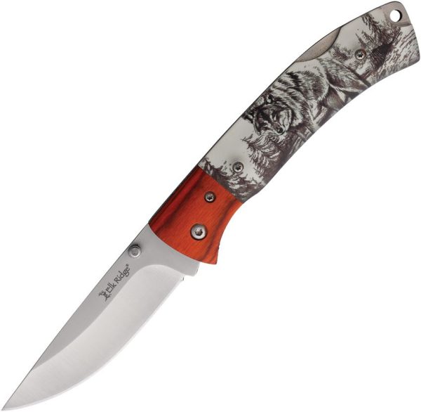 Elk Ridge Lockback Wolf Folding Knife - Wood Handle