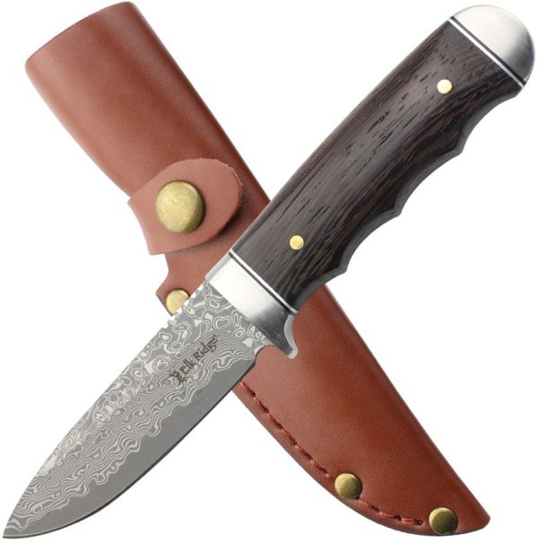 Elk Ridge Fixed Blade Damascus Steel Brown Wood Handle Knife