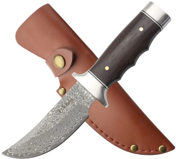 Elk Ridge Fixed Blade 4.5" Damascus Steel Brown Wood Handle Knife