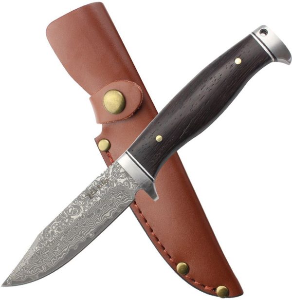 Elk Ridge Fixed Blade Damascus Steel 4.5" Brown Wood Handle Knife