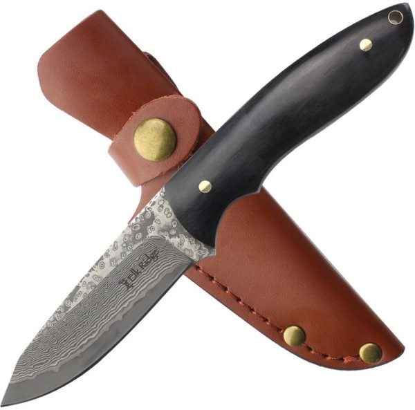 Elk Ridge Fixed Blade Damascus Steel Drop Point Black Wood Handle