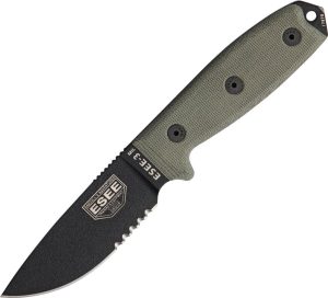 ESEE Model 3MIL Serrated Fixed Blade Knife 1095HC Steel Green Micarta
