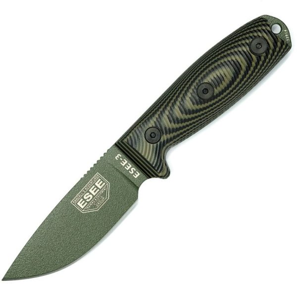 ESEE Model 3 3D Fixed Blade Knife OD Green 1095HC Steel USA
