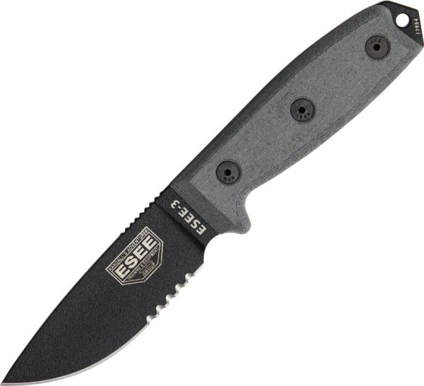 ESEE Model 3 Part Serrated Fixed Blade Knife 1095HC Black