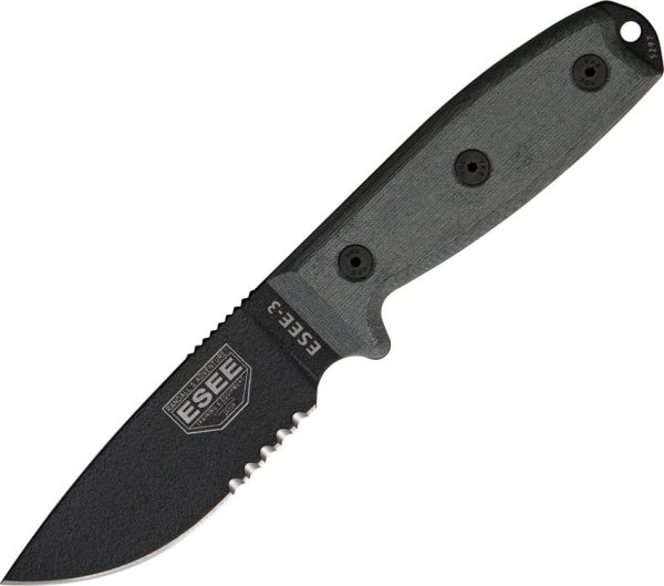 ESEE Model 3 Serrated Fixed Blade Knife 1095HC Black Micarta