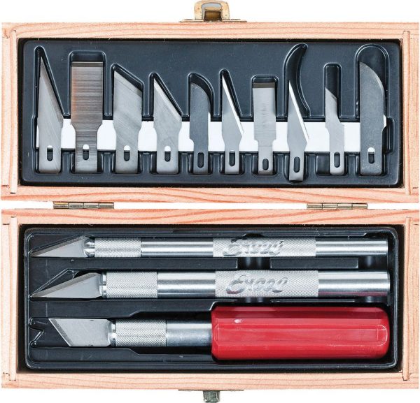 Excel Blades Hobby Knife Set 3 Knives 10 Blades Wooden Box