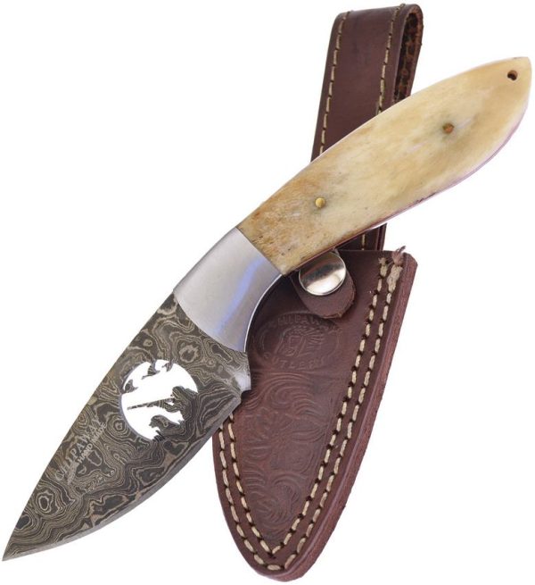 Frost Cutlery Damascus Duck Bowie Fixed Blade Knife White Bone