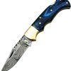 FH Knives Lockback Damascus Blue Pakkawood