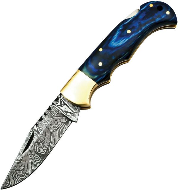 FH Knives Lockback Damascus Blue Pakkawood