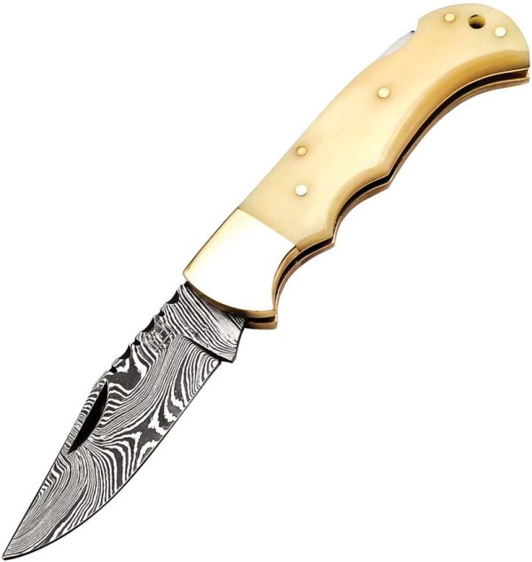 FH Knives Lockback Damascus Natural Bone