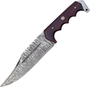 FH Knives Damascus Bowie Fixed Blade Knife Brown Wood Handle