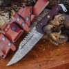 FH Knives Damascus Bowie Fixed Blade Knife Brown Wood Handle