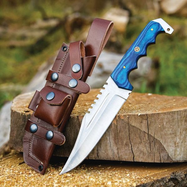 FH Knives Bowie Blue Wood Fixed Blade Knife 6.5" Stainless