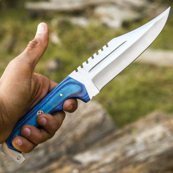 FH Knives Bowie Blue Wood Fixed Blade Knife 6.5" Stainless