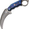 FH Knives Damascus Karambit Fixed Blade Blue Pakkawood