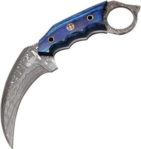 FH Knives Damascus Karambit Fixed Blade Blue Pakkawood