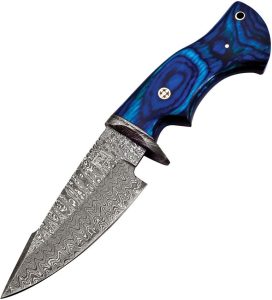 FH Knives Fixed Blade Damascus Blue 5" Blade Pakkawood Handle