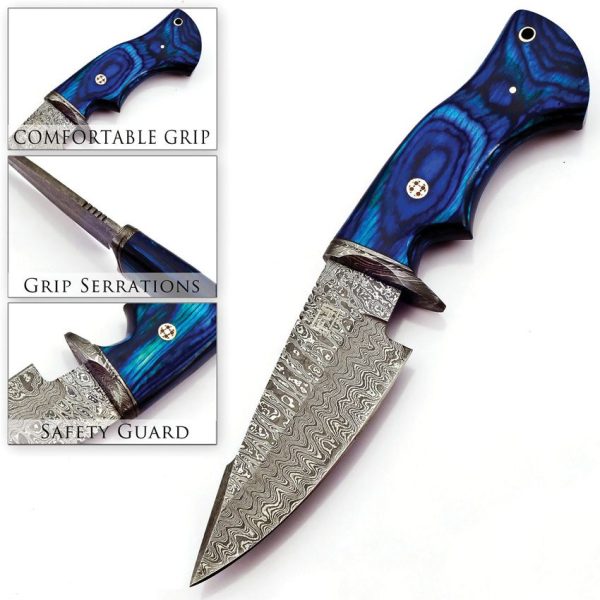 FH Knives Fixed Blade Damascus Blue 5" Blade Pakkawood Handle