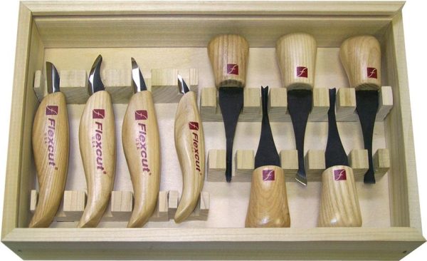 FLEXKN700.jpg Flexcut Deluxe Palm and Knife Set 9-Piece Carving Tool Kit