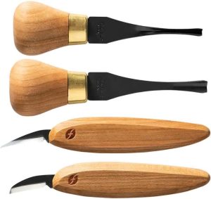 Flexcut Premium Palm & Knife Set Cherry Wood Handle 4pc Tool Roll