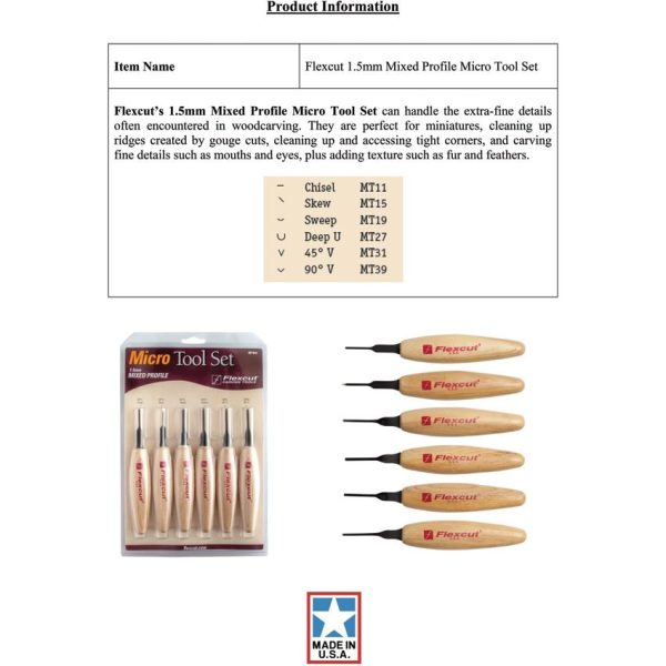 Flexcut Mixed Profile Micro Tool Set 6pc Carbon Steel Wood Handle