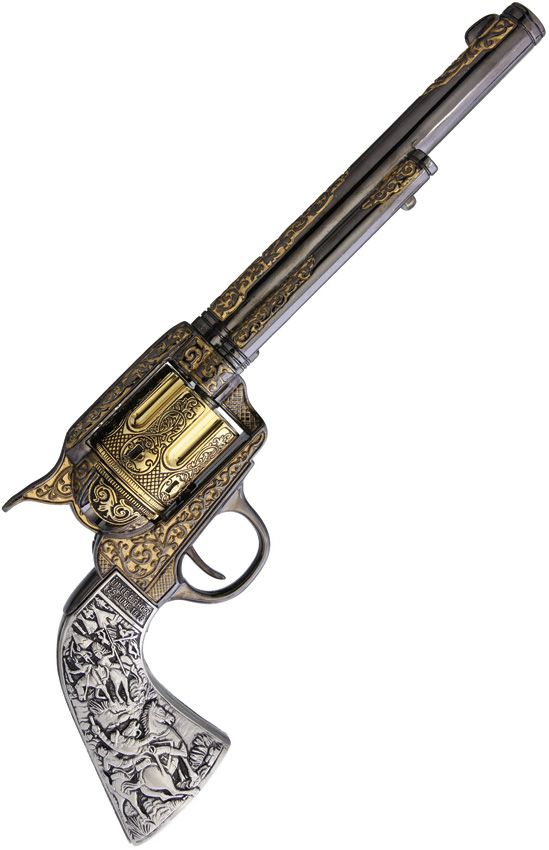 FP10210.jpg Replicart Engraved Cavalry Revolver Replica Silver Gold 13.25"